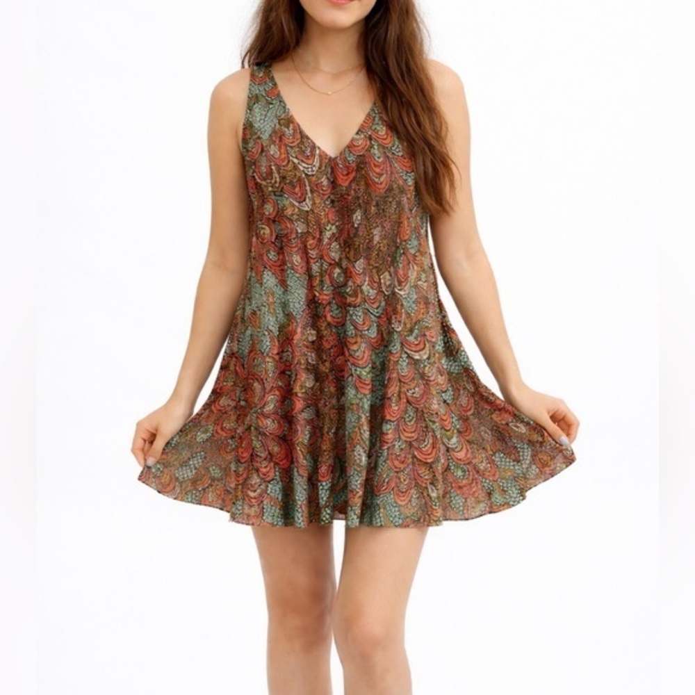 Feminine Bohemian Feather Print Micro Mini Autumn 2010s Dress
